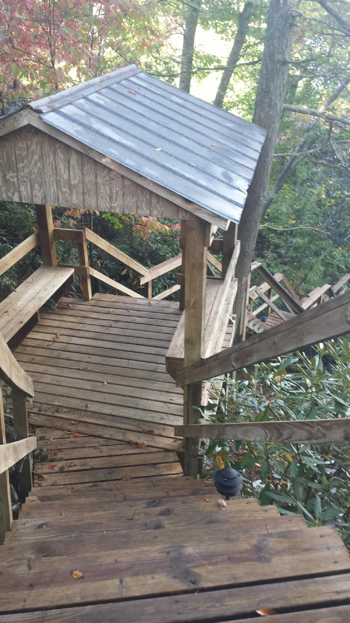 Metal roofed shelter over wooden steps on a wooded walkway — Skylight Repair & Installation work by our crew in Blanch